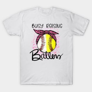 Busy Raising Ballers, Baseball, Softball Mom with Pink Cheetah Bow Design T-Shirt